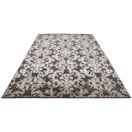 Lisbon Damask Brown and Ivory Transitional Silk and Wool Handknotted 8.11x12.4Ft 271x367Cms Area Rug
