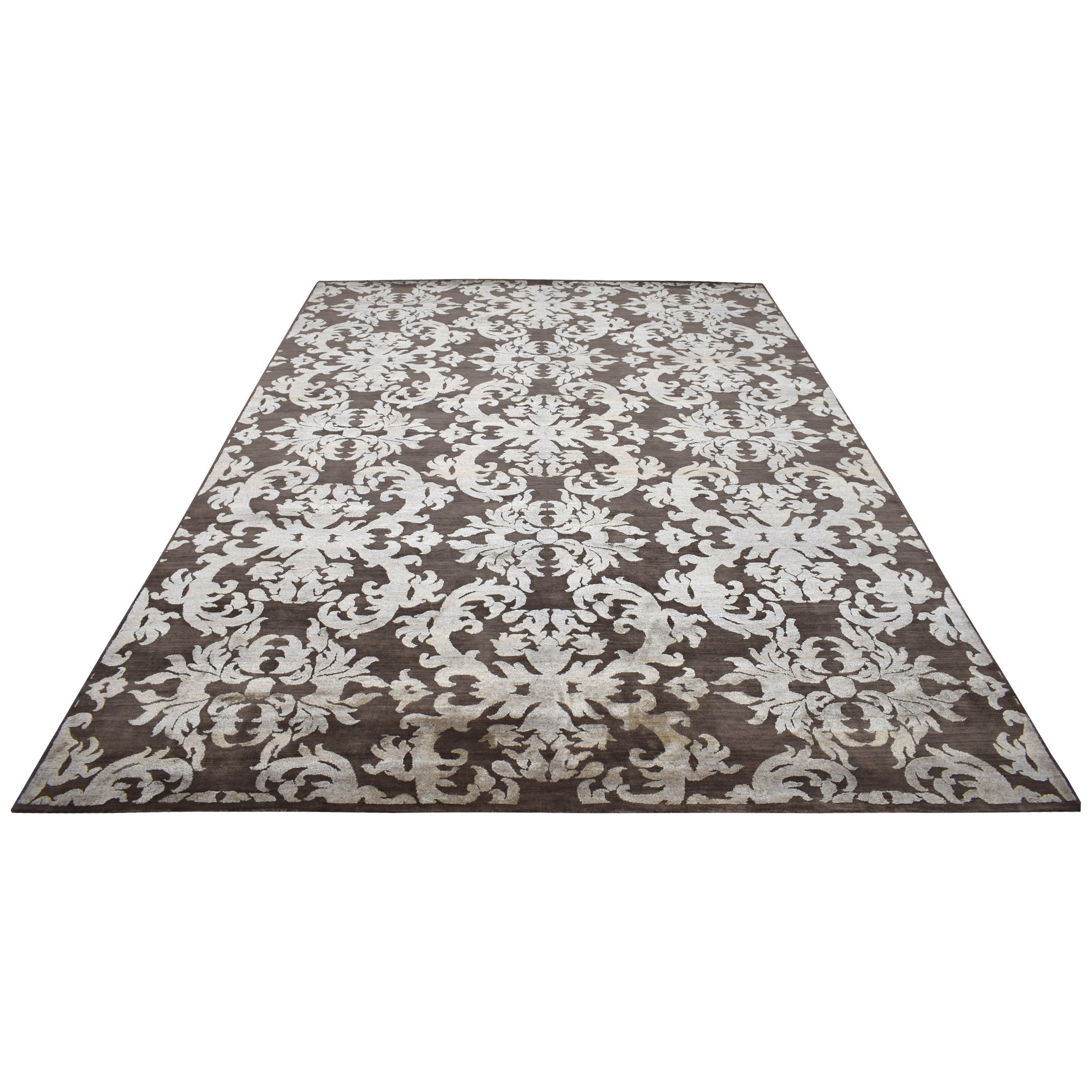 Get trendy with Lisbon Damask Brown and Ivory Transitional Silk and Wool Handknotted Area Rug - Transitional Rugs available at Jaipur Oriental Rugs. Grab yours for $5940.00 today!