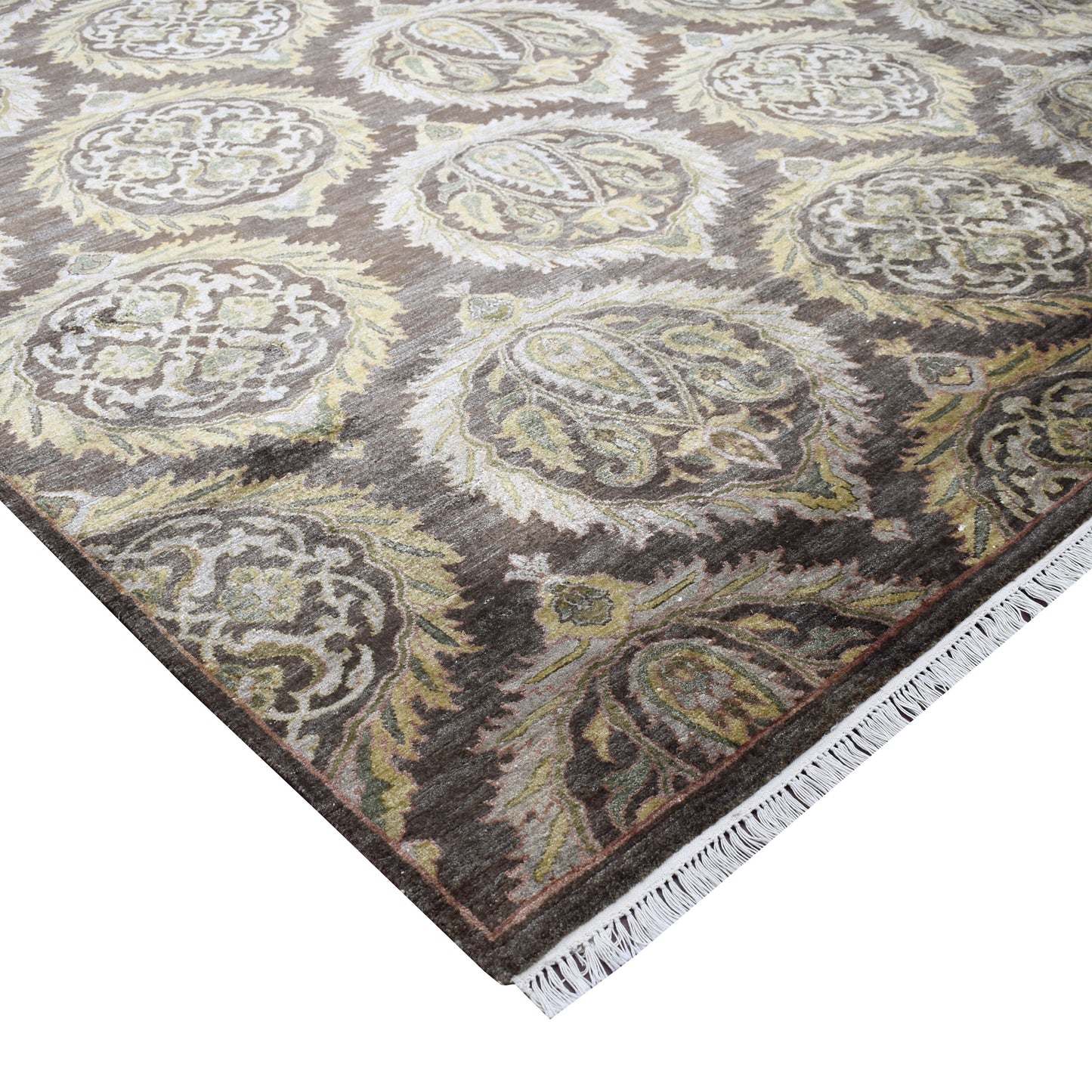 Brown Ivory, Pure Silk Transitional Handknotted 8.11X11.11Ft 271x362Cms Area Rug