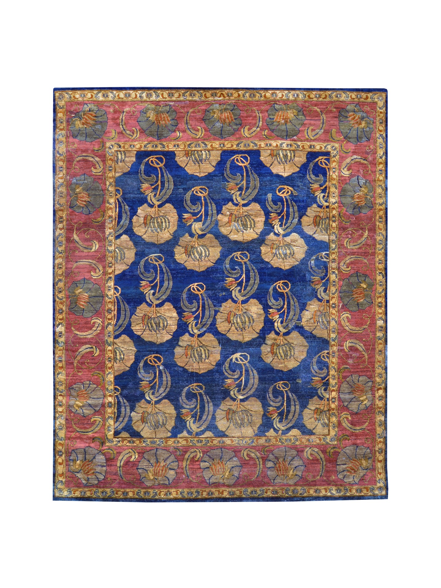 Blue and Gold, Silk and Wool Traditional Agra Handknotted 7.9x10.0Ft 245x305Cms Area Rug