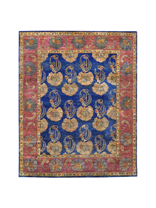 Blue and Gold, Silk and Wool Traditional Agra Handknotted 7.9x10.0Ft 245x305Cms Area Rug