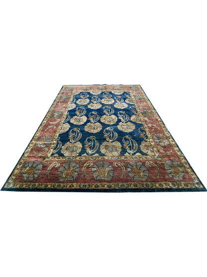 Blue and Gold, Silk and Wool Traditional Agra Handknotted 7.9x10.0Ft 245x305Cms Area Rug