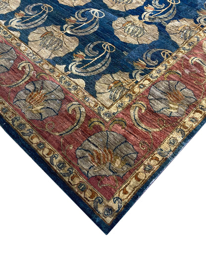 Blue and Gold, Silk and Wool Traditional Agra Handknotted 7.9x10.0Ft 245x305Cms Area Rug
