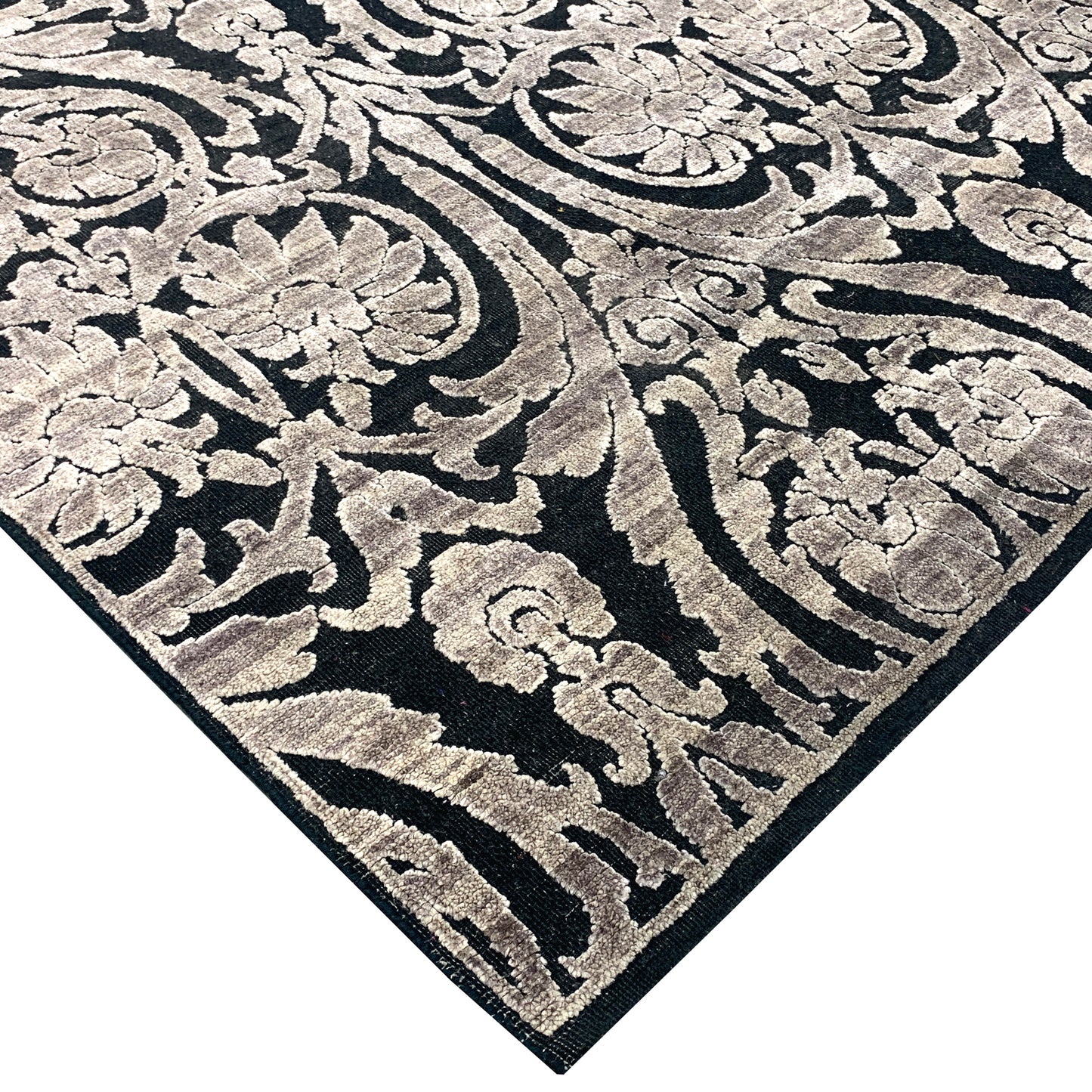 Black and Silver, Silk and Wool Oxidized Assorted Transitional Handknotted 7.10x8.1Ft 240x247Cms Area Rug