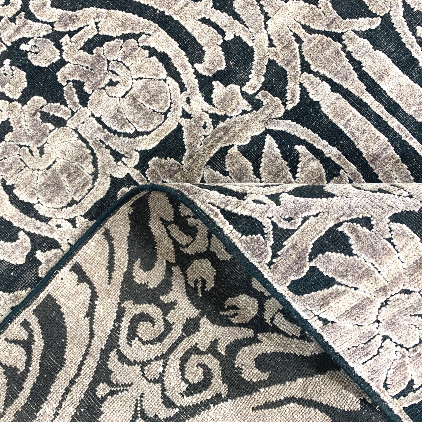 Black and Silver, Silk and Wool Oxidized Assorted Transitional Handknotted 7.10x8.1Ft 240x247Cms Area Rug