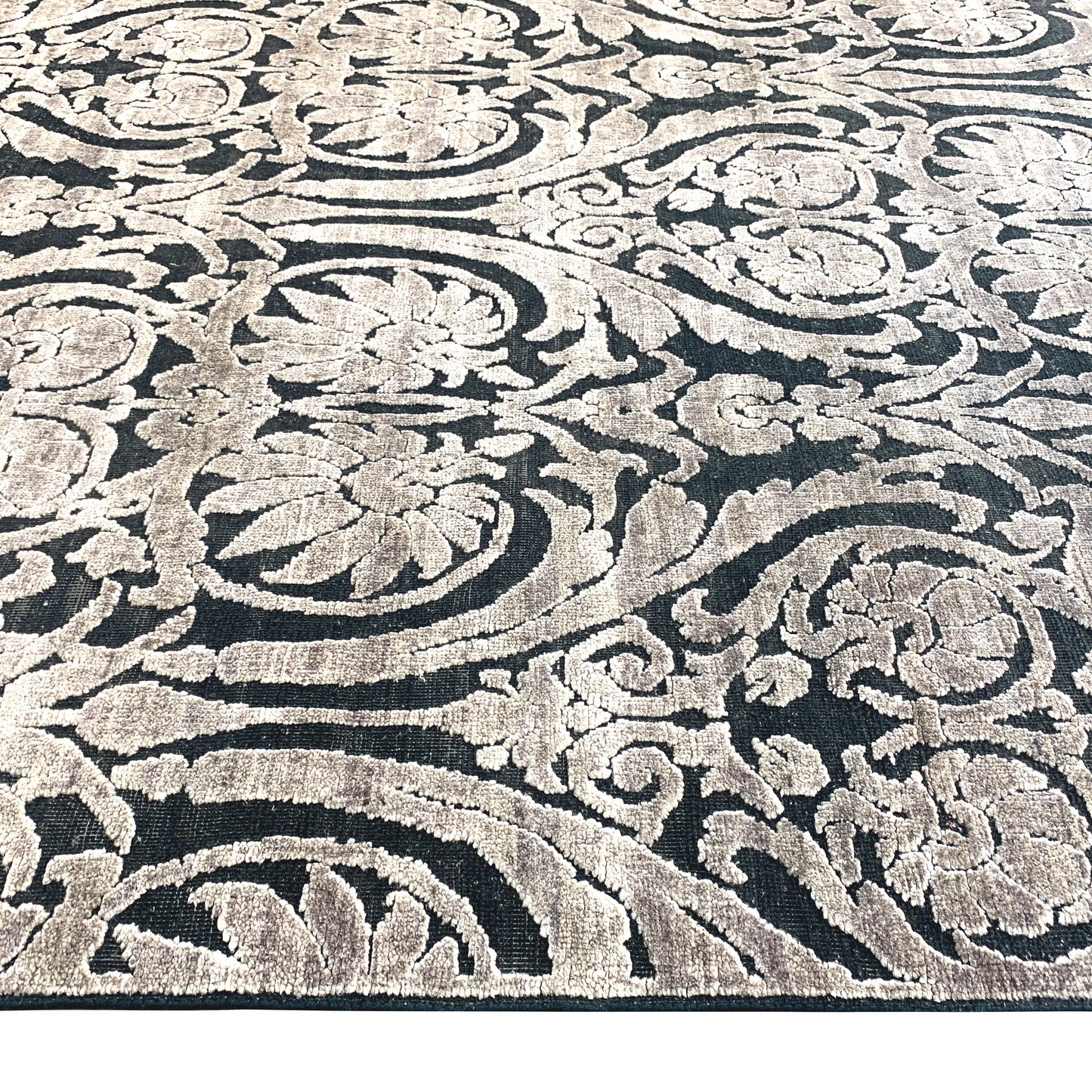 Black and Silver, Silk and Wool Oxidized Assorted Transitional Handknotted 7.10x8.1Ft 240x247Cms Area Rug