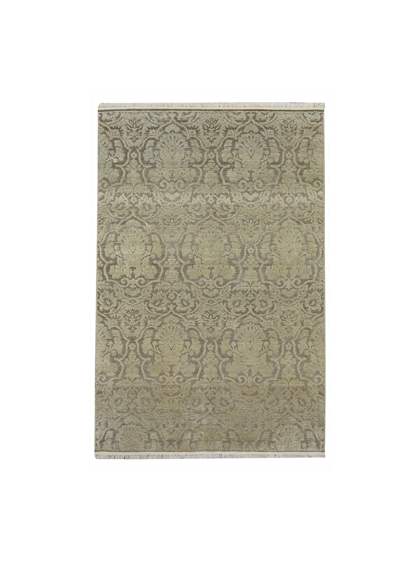 Grey and Green Silk and Wool Transitional Handknotted Area Rug 5.11x8.11ft 179x272Cms