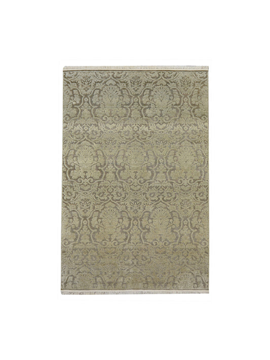 Grey and Green Silk and Wool Transitional Handknotted Area Rug 5.11x8.11ft 179x272Cms