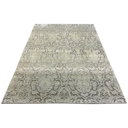 Grey and Green Silk and Wool Transitional Handknotted Area Rug 5.11x8.11ft 179x272Cms