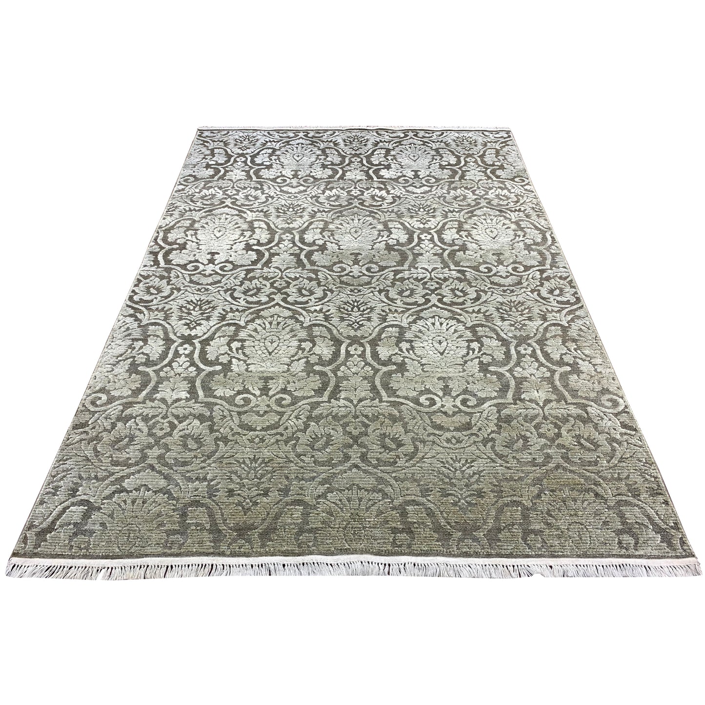 Grey and Green Silk and Wool Transitional Handknotted Area Rug 5.11x8.11ft 179x272Cms