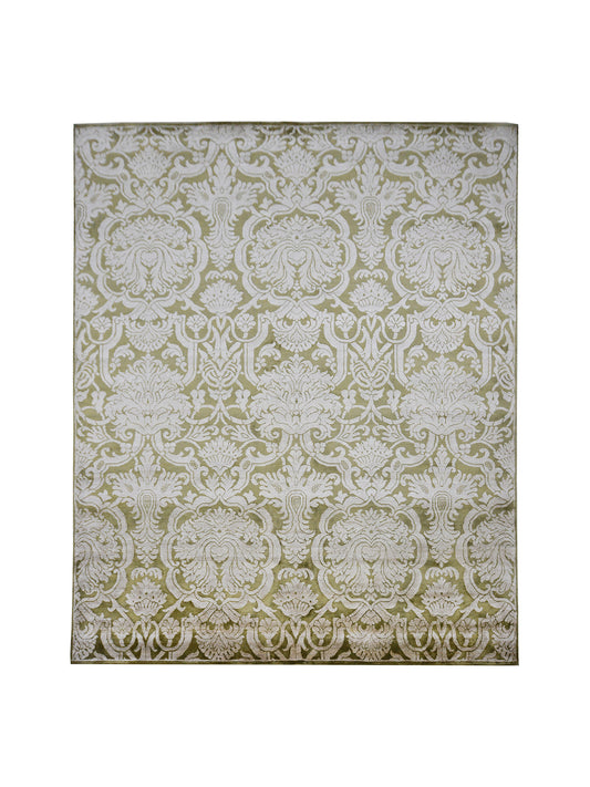 Elegacy Olive Green and Ivory Transitional Damask Handknotted Area Rug