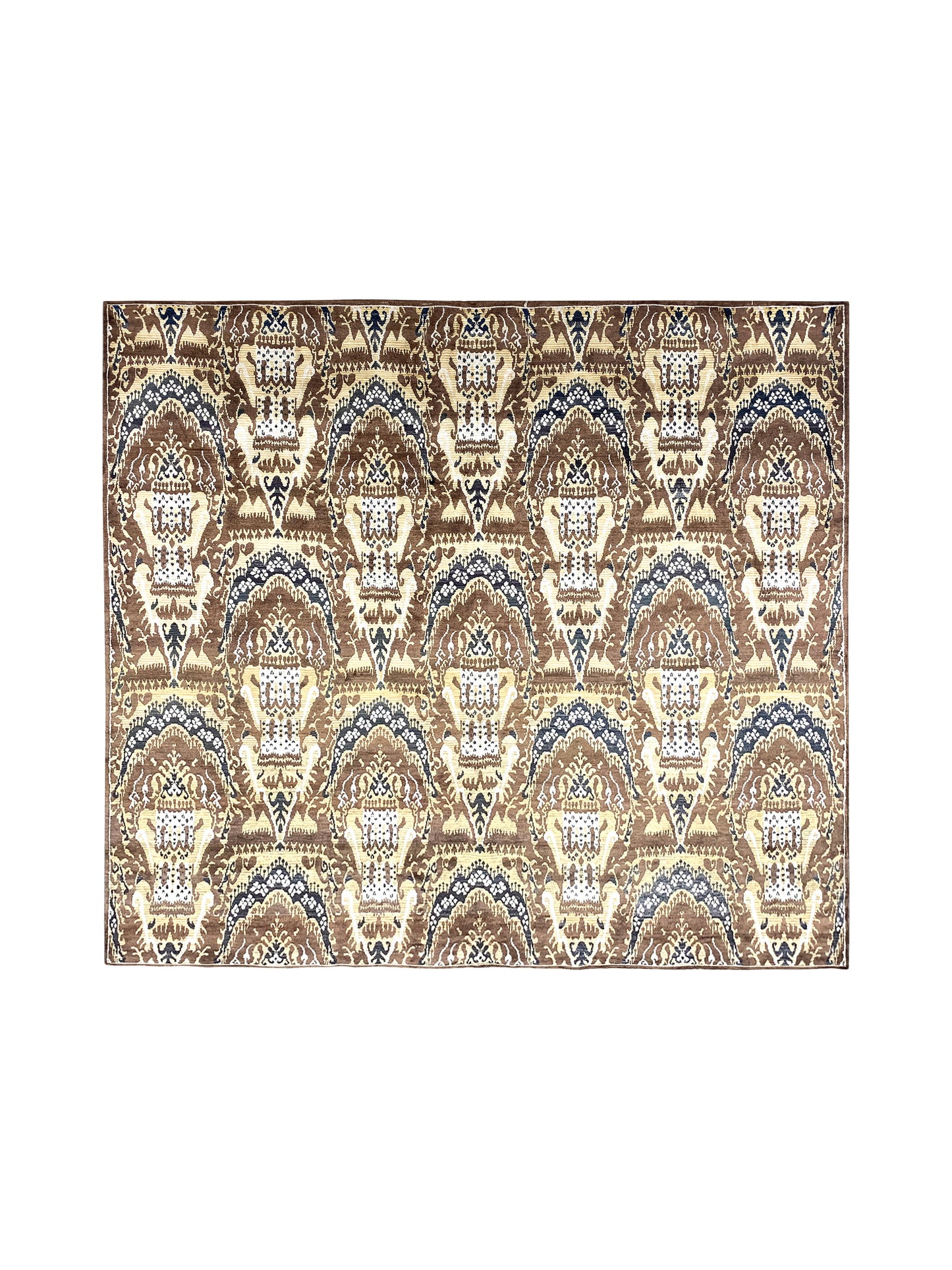 Brown and Beige, Pure Silk Regular Assorted Transitional Ikat Handknotted 7.10x7.11Ft 240x243Cms Area Rug