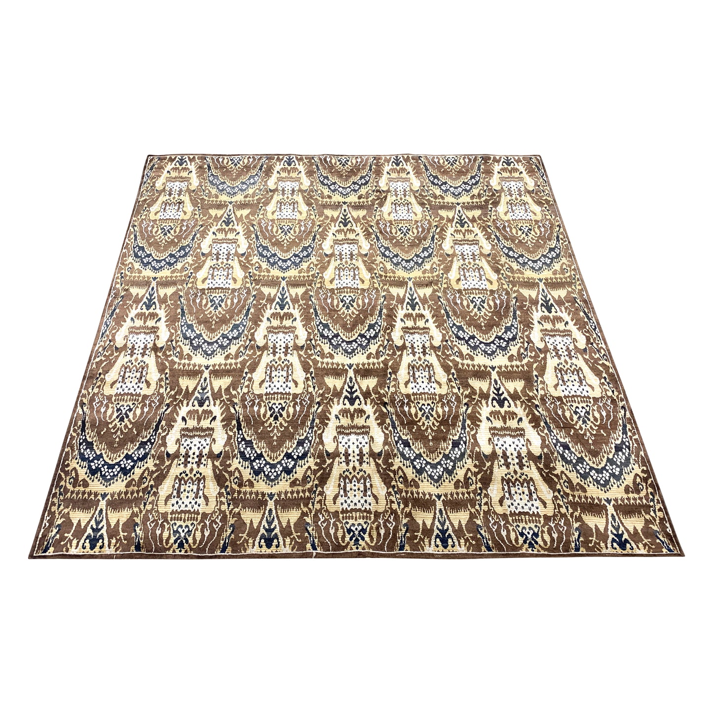 Brown and Beige, Pure Silk Regular Assorted Transitional Ikat Handknotted 7.10x7.11Ft 240x243Cms Area Rug