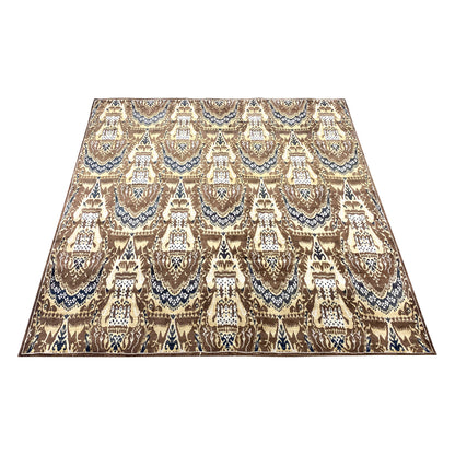 Brown and Beige, Pure Silk Regular Assorted Transitional Ikat Handknotted 7.10x7.11Ft 240x243Cms Area Rug