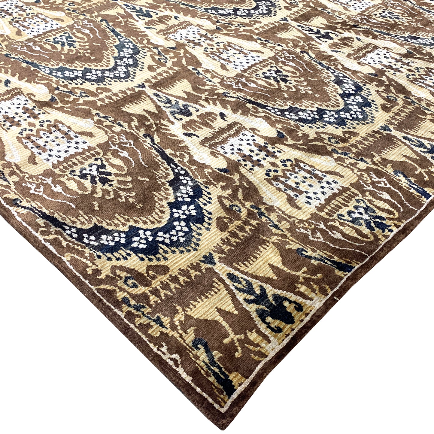 Brown and Beige, Pure Silk Regular Assorted Transitional Ikat Handknotted 7.10x7.11Ft 240x243Cms Area Rug