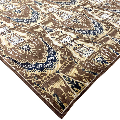 Brown and Beige, Pure Silk Regular Assorted Transitional Ikat Handknotted 7.10x7.11Ft 240x243Cms Area Rug