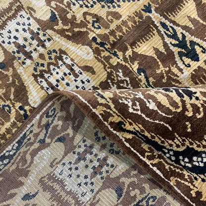 Brown and Beige, Pure Silk Regular Assorted Transitional Ikat Handknotted 7.10x7.11Ft 240x243Cms Area Rug