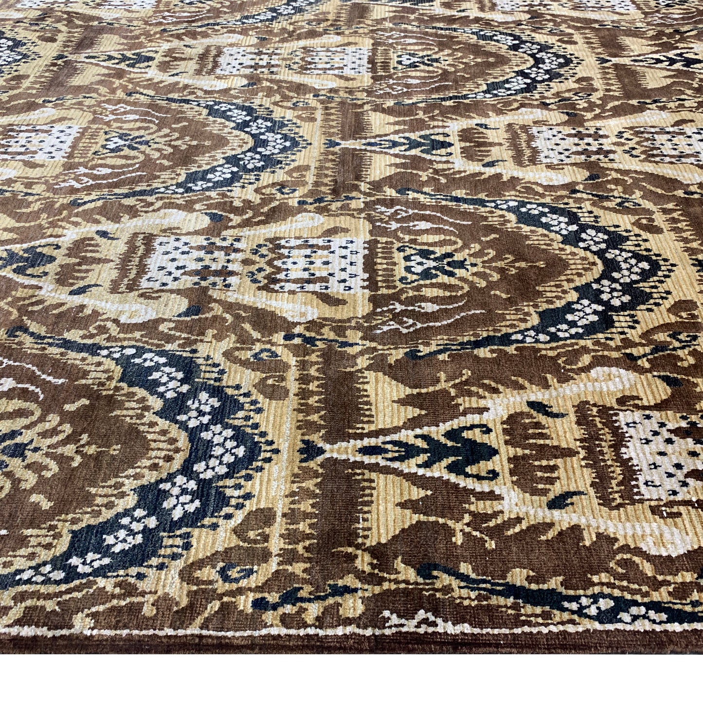 Brown and Beige, Pure Silk Regular Assorted Transitional Ikat Handknotted 7.10x7.11Ft 240x243Cms Area Rug