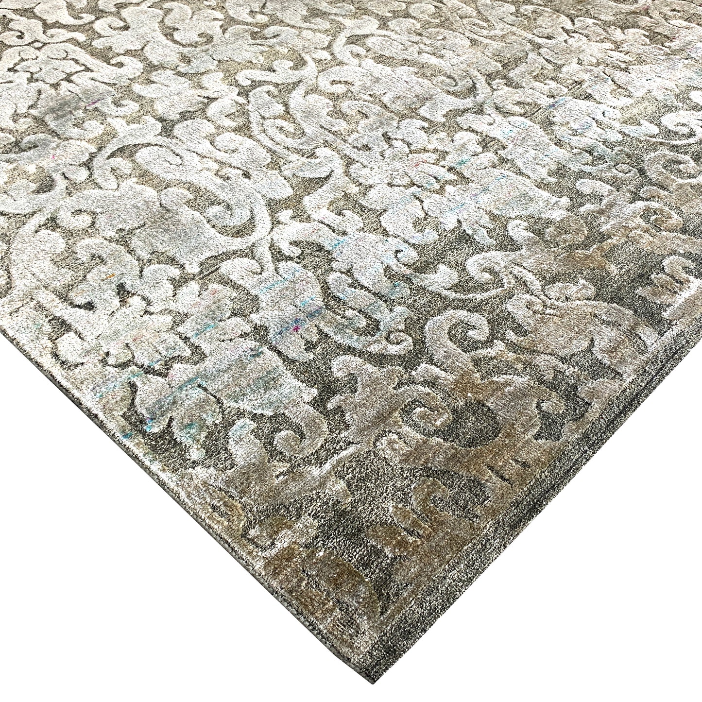 Silver and Grey, Silk and Wool Oxidized Assorted Transitional Handknotted 7.11x7.11Ft 242x242Cms Area Rug