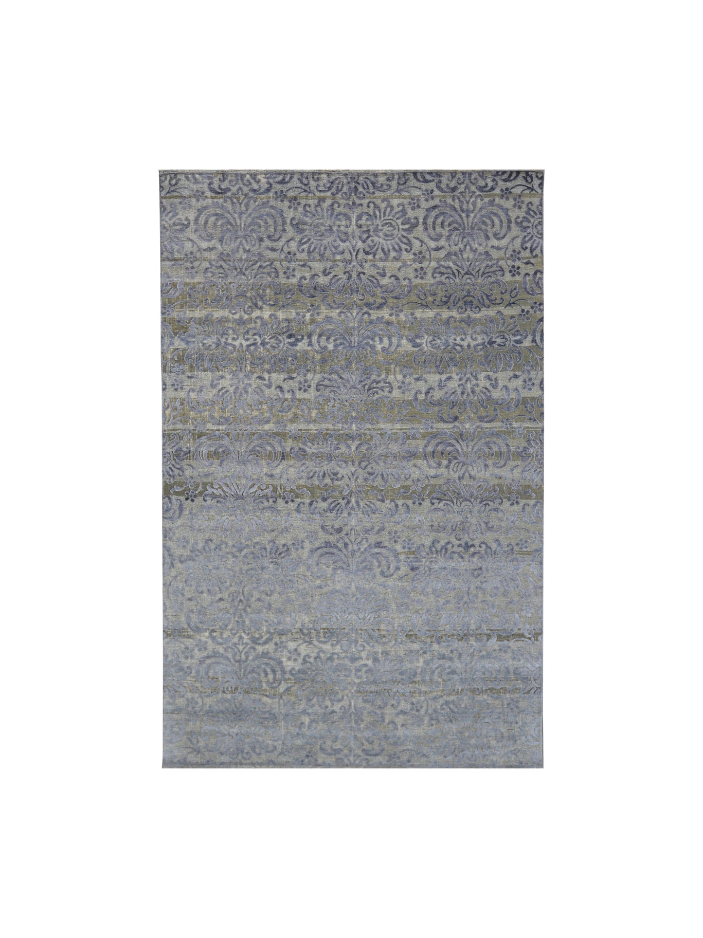 L.Blue and Grey, Silk and Wool Oxidized Modern Damask Handknotted 6.0x8.11Ft 183x271Cms Area Rug