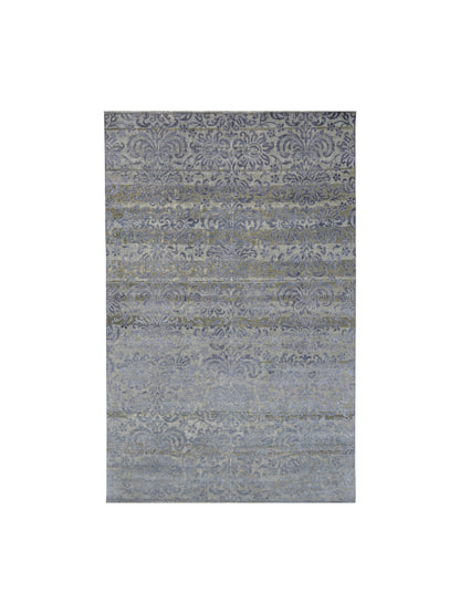 L.Blue and Grey, Silk and Wool Oxidized Modern Damask Handknotted 6.0x8.11Ft 183x271Cms Area Rug