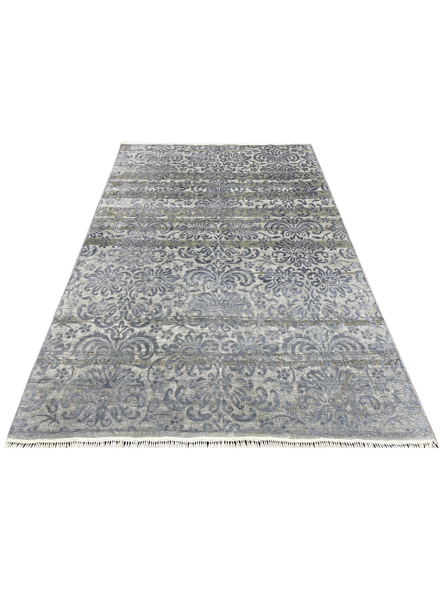 L.Blue and Grey, Silk and Wool Oxidized Modern Damask Handknotted 6.0x8.11Ft 183x271Cms Area Rug