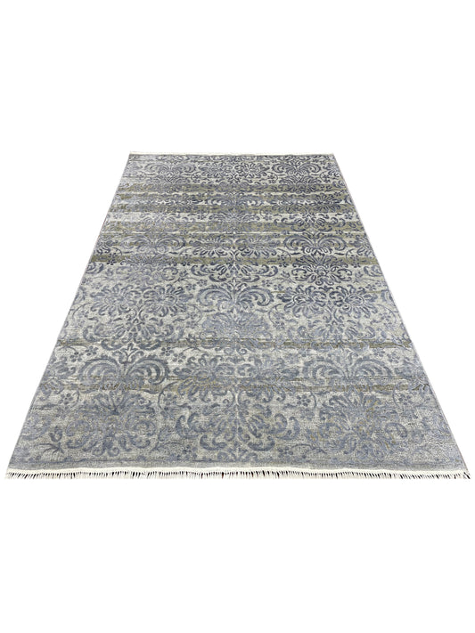 L.Blue and Grey, Silk and Wool Oxidized Modern Damask Handknotted 6.0x8.11Ft 183x271Cms Area Rug
