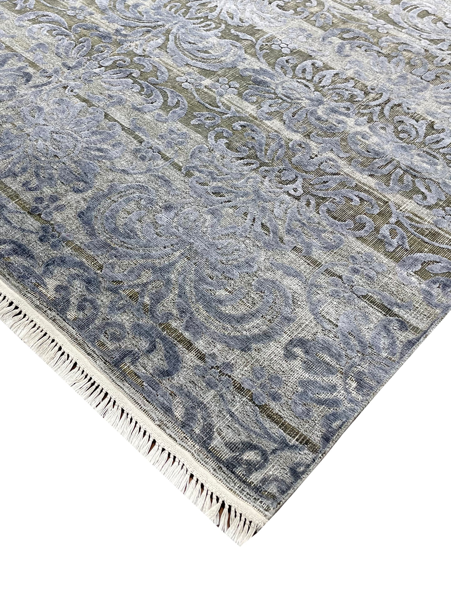 L.Blue and Grey, Silk and Wool Oxidized Modern Damask Handknotted 6.0x8.11Ft 183x271Cms Area Rug