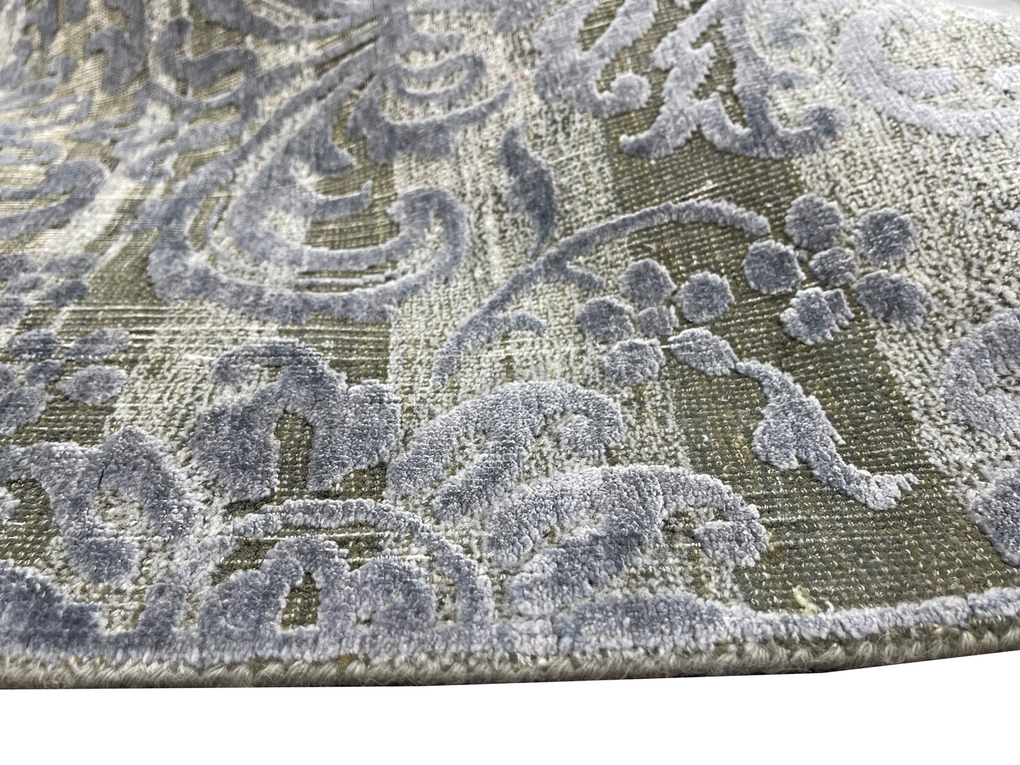 L.Blue and Grey, Silk and Wool Oxidized Modern Damask Handknotted 6.0x8.11Ft 183x271Cms Area Rug