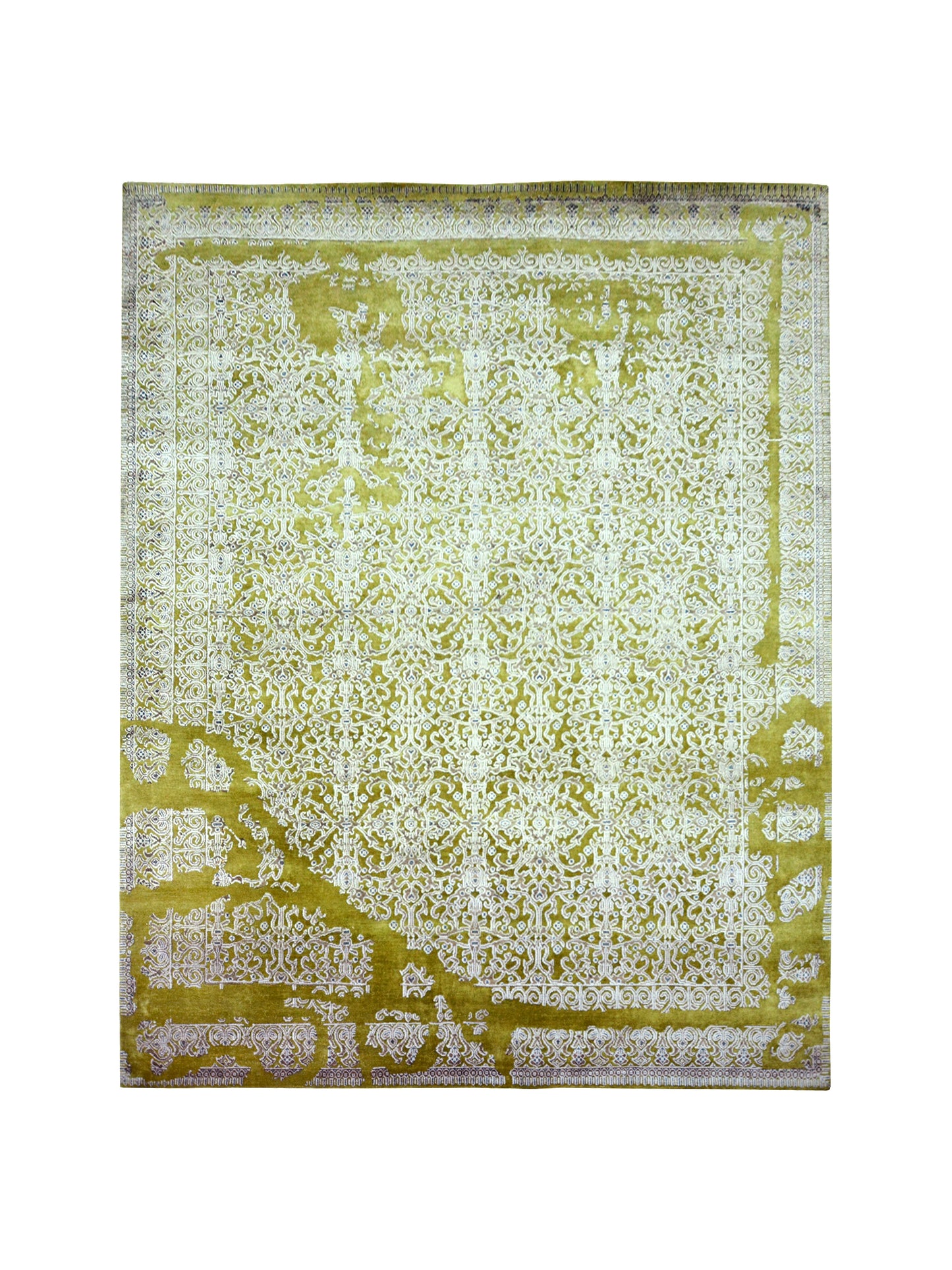 Olive Green and Ivory, Silk and Wool Hi-Lo Transitional Erased Jankat Handknotted 8.1x10.3Ft 245x311Cms Area Rug