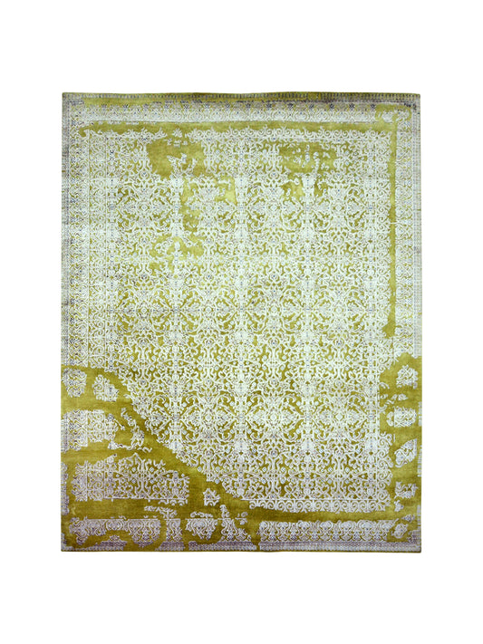Olive Green and Ivory, Silk and Wool Hi-Lo Transitional Erased Jankat Handknotted 8.1x10.3Ft 245x311Cms Area Rug