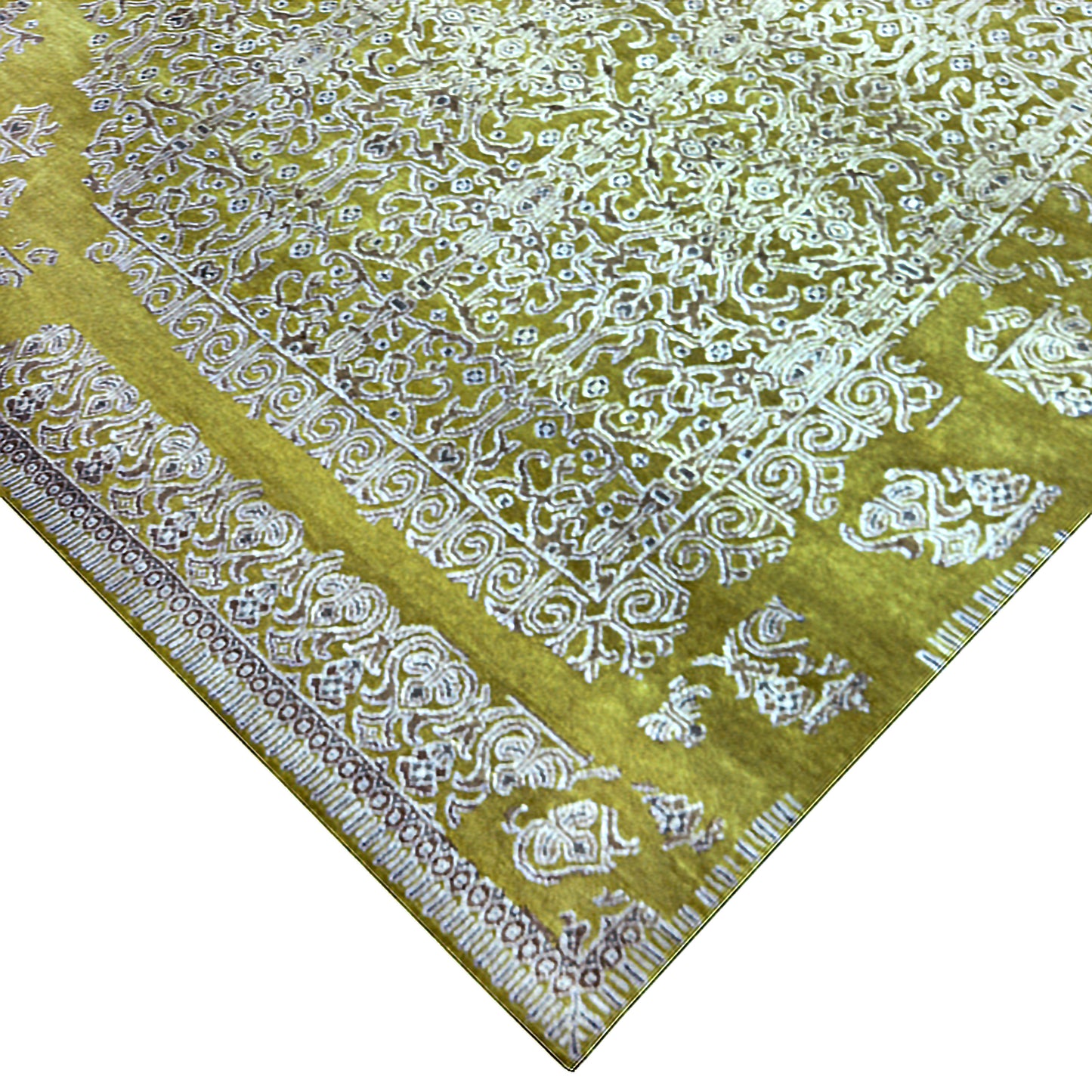 Olive Green and Ivory, Silk and Wool Hi-Lo Transitional Erased Jankat Handknotted 8.1x10.3Ft 245x311Cms Area Rug