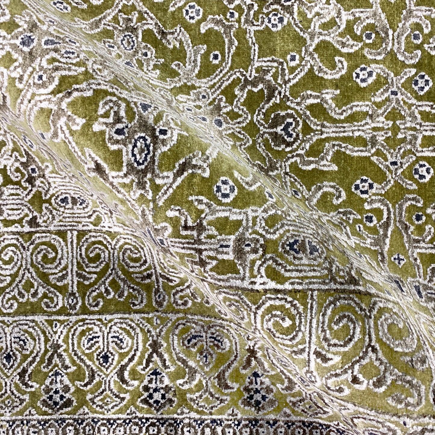 Olive Green and Ivory, Silk and Wool Hi-Lo Transitional Erased Jankat Handknotted 8.1x10.3Ft 245x311Cms Area Rug