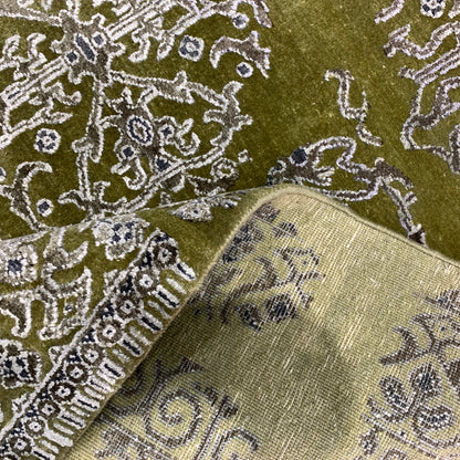 Olive Green and Ivory, Silk and Wool Hi-Lo Transitional Erased Jankat Handknotted 8.1x10.3Ft 245x311Cms Area Rug