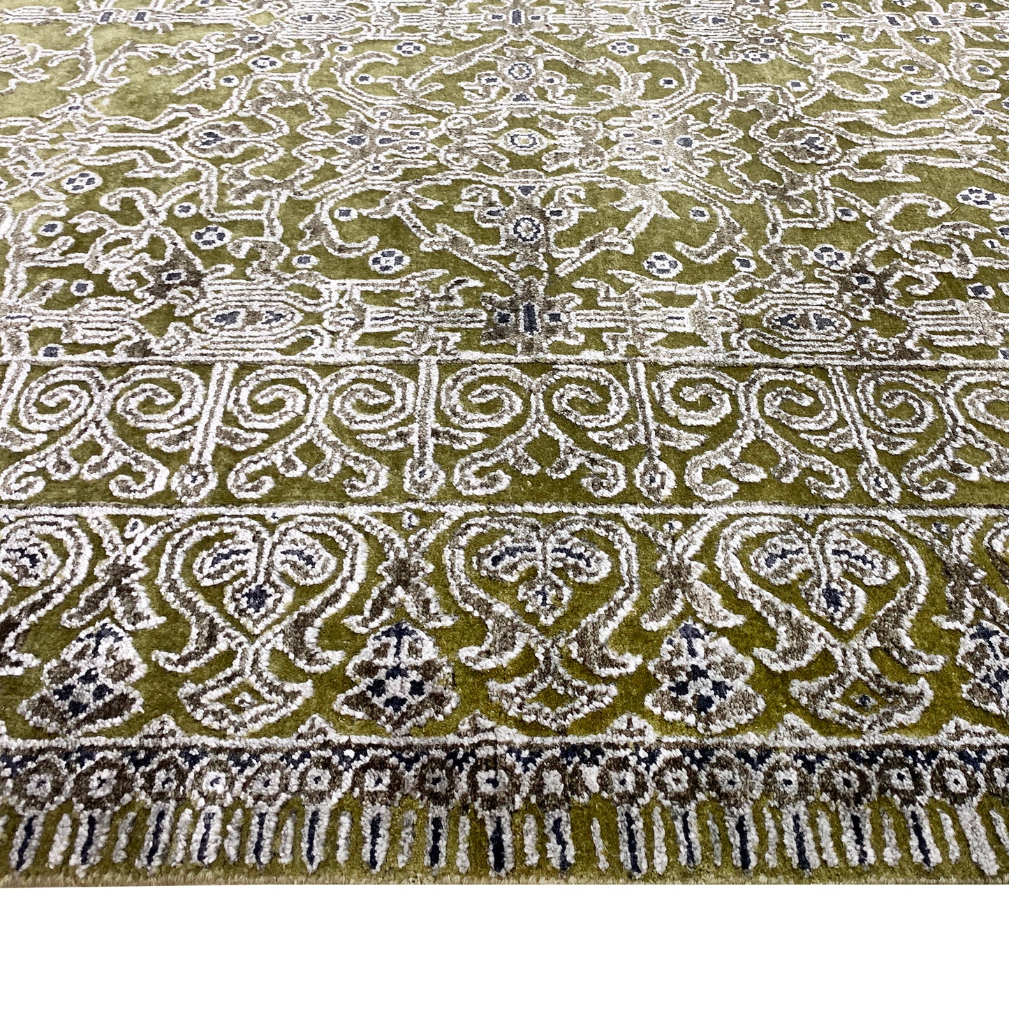 Olive Green and Ivory, Silk and Wool Hi-Lo Transitional Erased Jankat Handknotted 8.1x10.3Ft 245x311Cms Area Rug