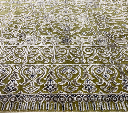 Olive Green and Ivory, Silk and Wool Hi-Lo Transitional Erased Jankat Handknotted 8.1x10.3Ft 245x311Cms Area Rug