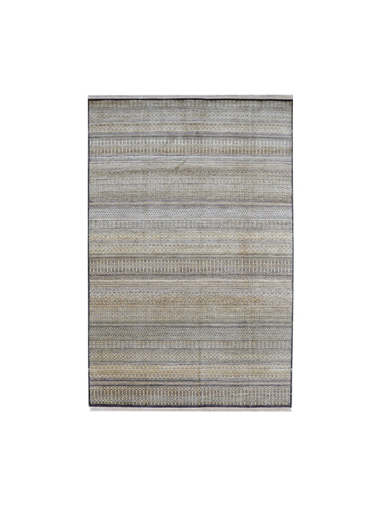 Grey and Ivory Pure Silk Modern Handknotted Area Rug 6.1x9.3ft 185X281Cms