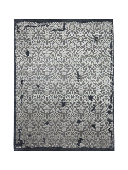 Grey Silver, Silk Wool Transitional Erased Handknotted 9.0x12.0Ft 275x365Cms Area Rug