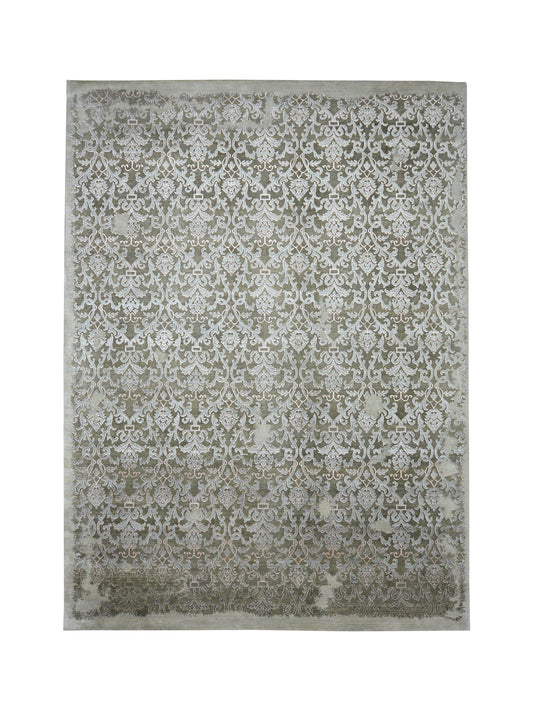 Grey Silver, Silk Wool Transitional Handknotted 8.11x12.3Ft 274x365Cms Area Rug