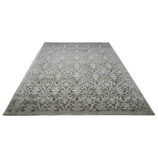 Grey Silver, Silk Wool Transitional Handknotted 8.11x12.3Ft 274x365Cms Area Rug