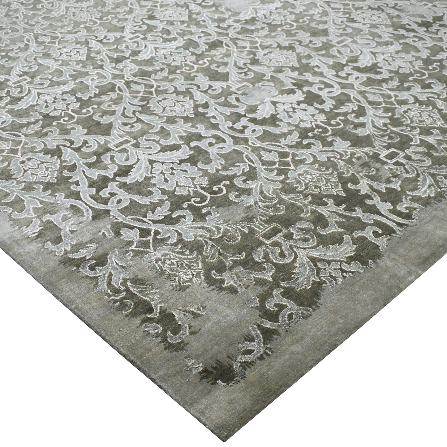 Grey Silver, Silk Wool Transitional Handknotted 8.11x12.3Ft 274x365Cms Area Rug