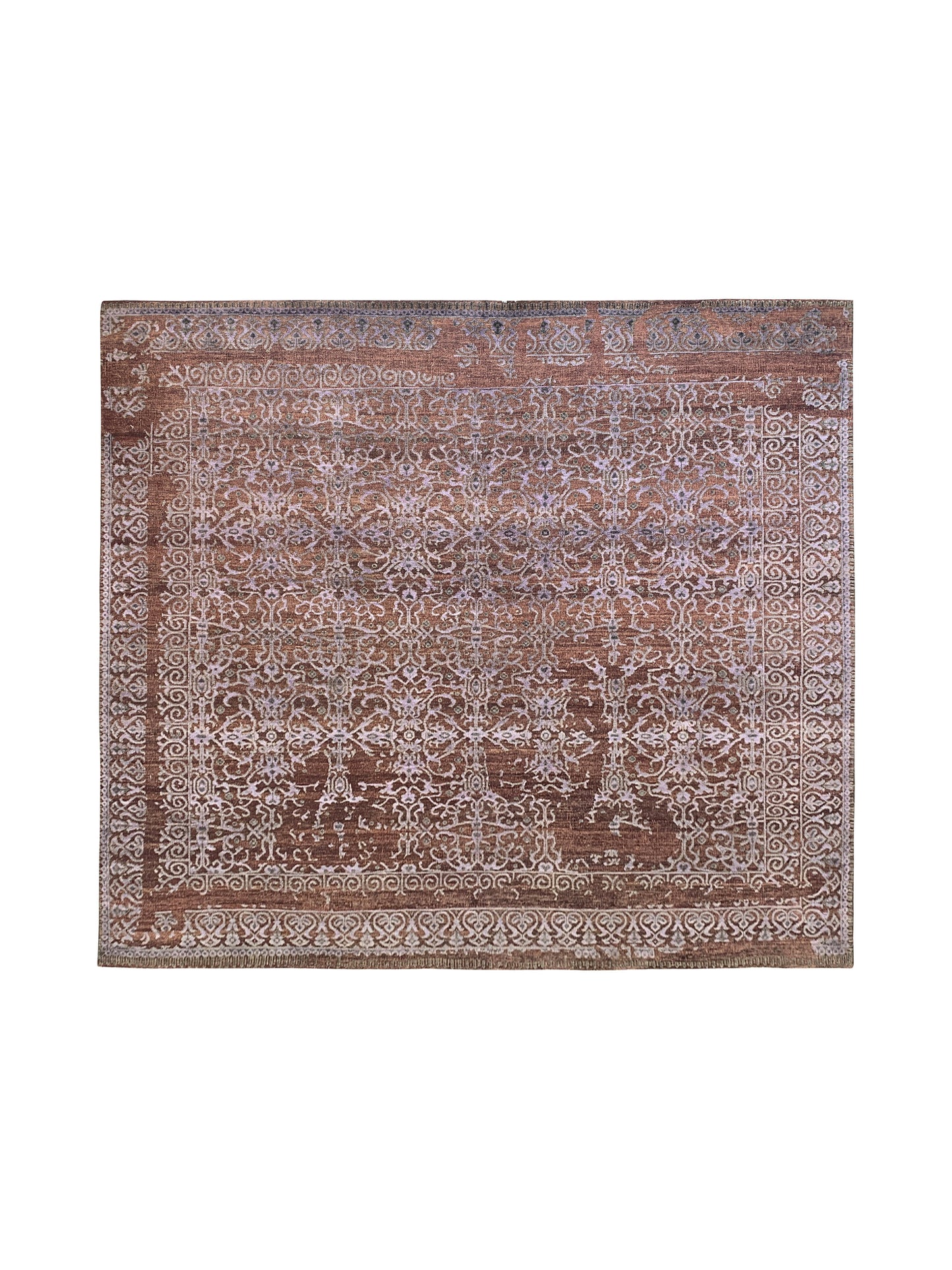 Brown and Silver, Silk and Wool Oxidized Assorted Transitional Erased Handknotted 7.9x7.8Ft 235x235Cms Area Rug