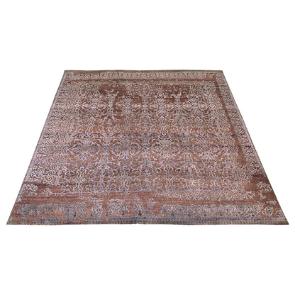 Brown and Silver, Silk and Wool Oxidized Assorted Transitional Erased Handknotted 7.9x7.8Ft 235x235Cms Area Rug