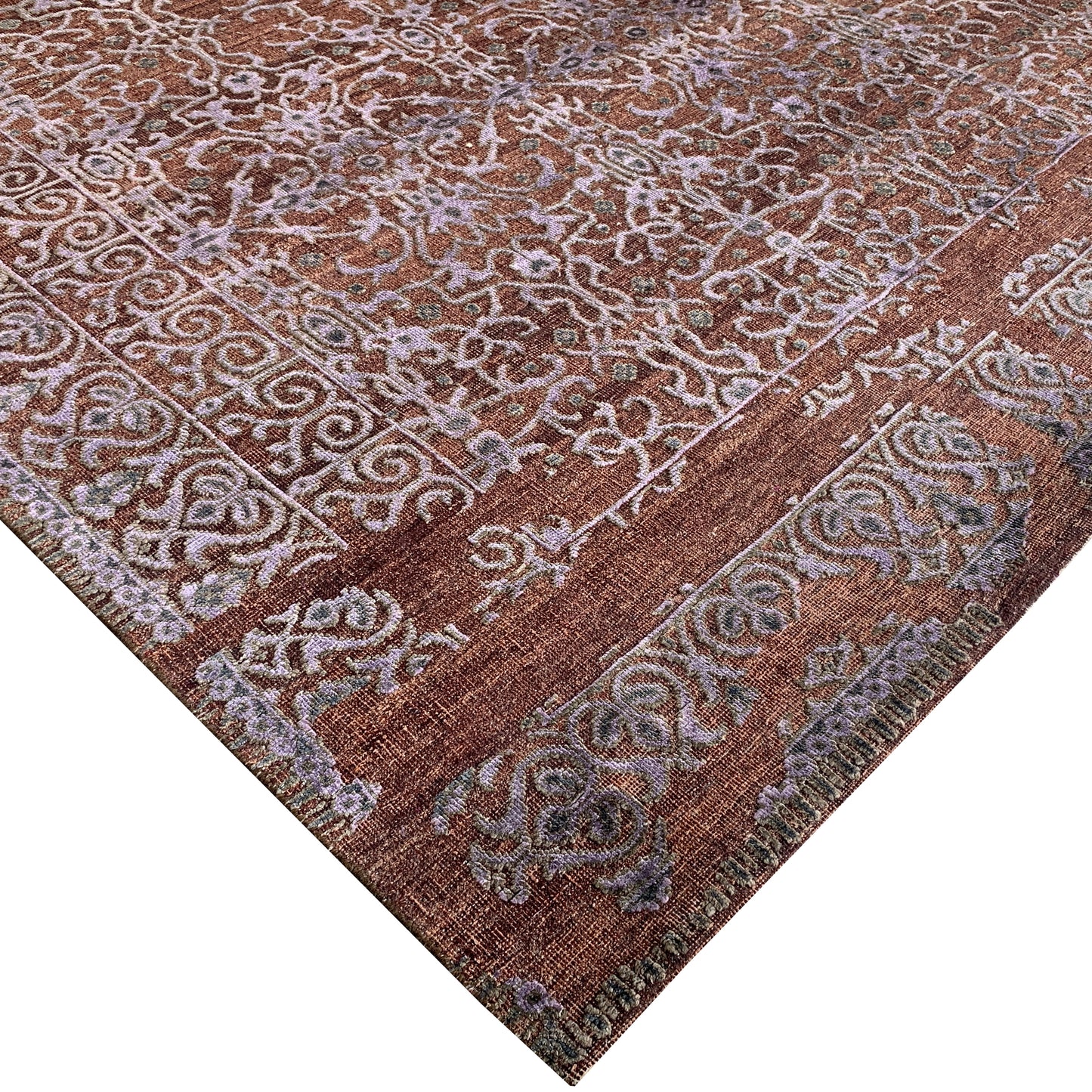 Brown and Silver, Silk and Wool Oxidized Assorted Transitional Erased Handknotted 7.9x7.8Ft 235x235Cms Area Rug