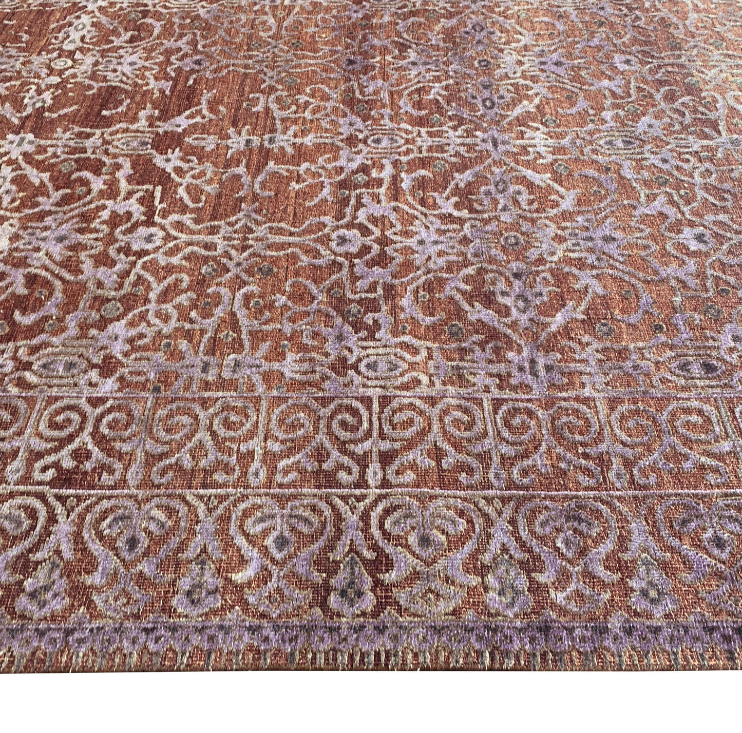 Brown and Silver, Silk and Wool Oxidized Assorted Transitional Erased Handknotted 7.9x7.8Ft 235x235Cms Area Rug
