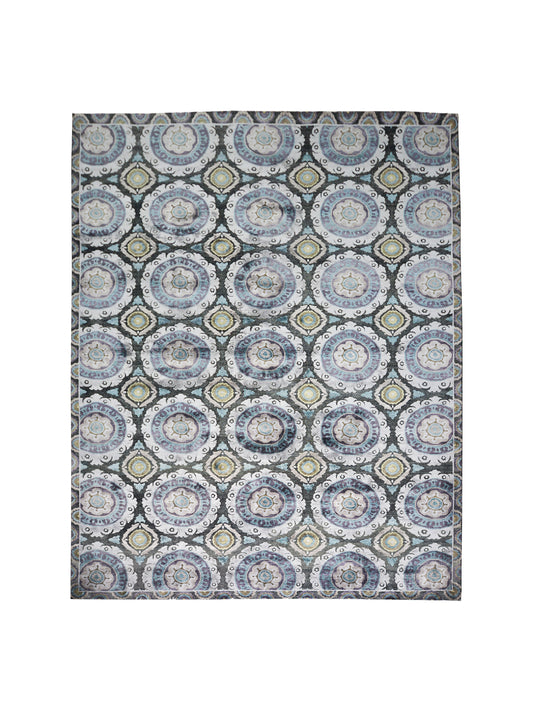 Coral Charcoal Black, Blue and Ivory Transitional Damask Handknotted Area Rug