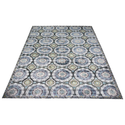 Coral Charcoal Black, Blue and Ivory Transitional Damask Handknotted Area Rug