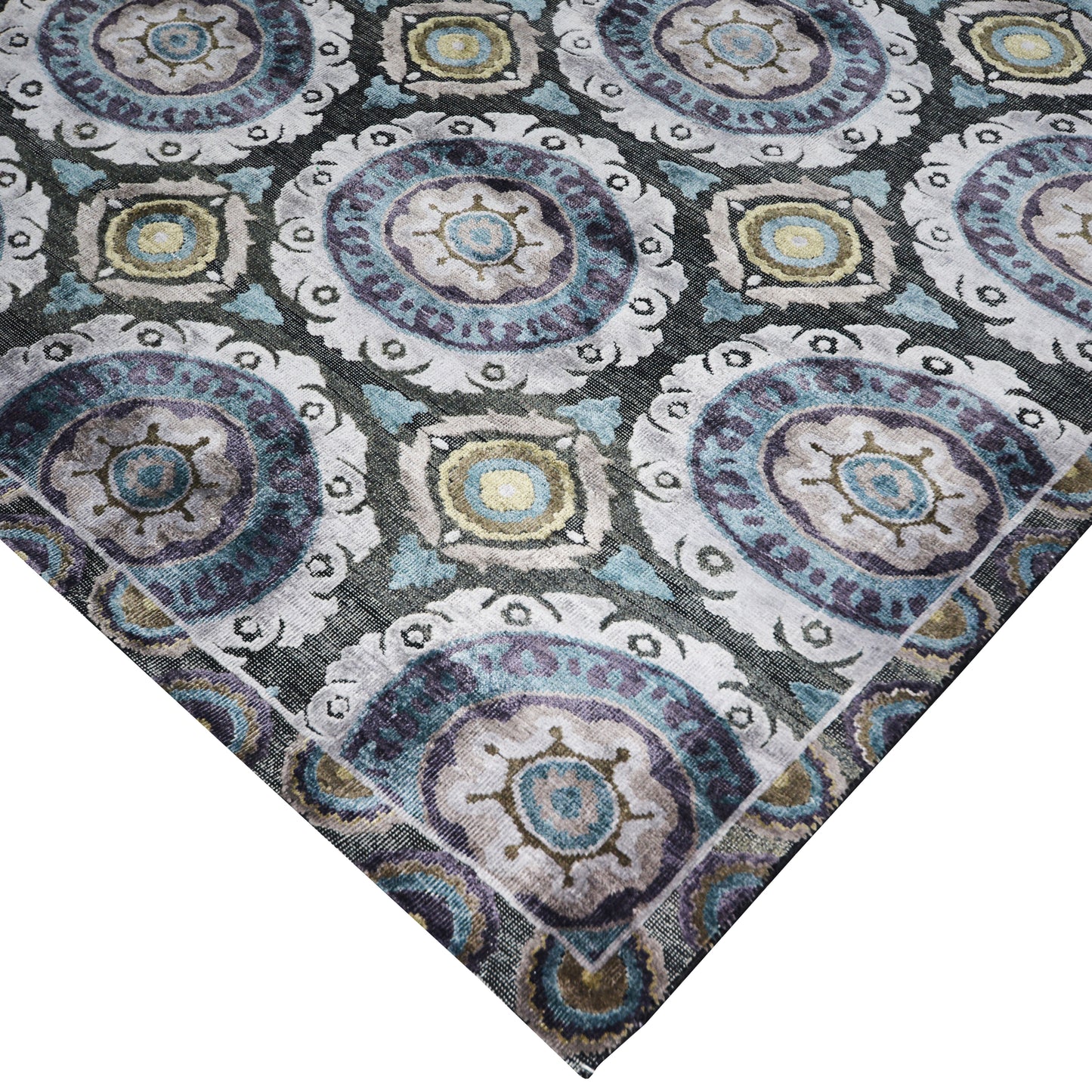 Coral Charcoal Black, Blue and Ivory Transitional Damask Handknotted Area Rug