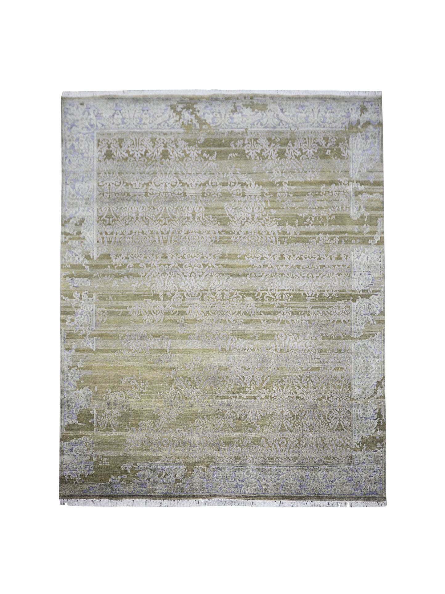 Olive Green Silver, Silk Wool Oxidized Transitional Abrash Handknotted 7.11x9.11Ft 240x303Cms Area Rug