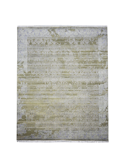 Olive Green Silver, Silk Wool Oxidized Transitional Abrash Handknotted 7.11x9.11Ft 240x303Cms Area Rug
